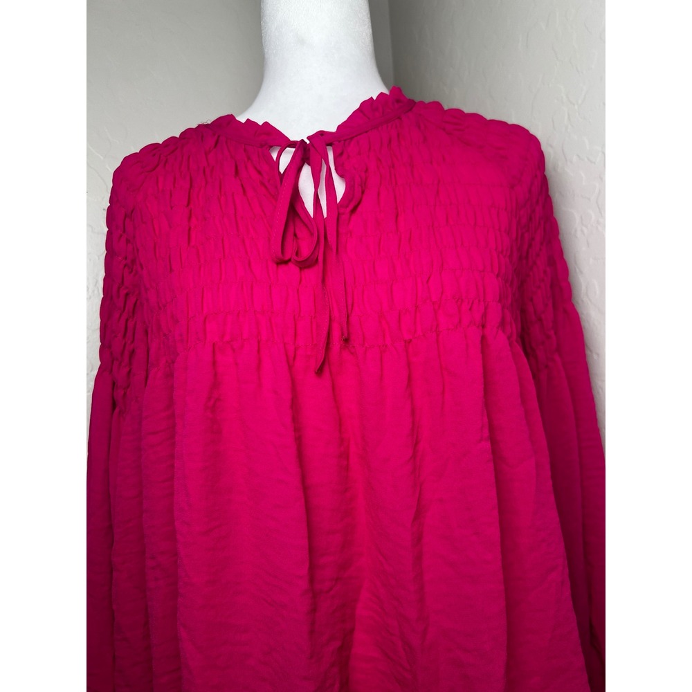 a.n.a A New Approach Magenta Pink Smocked Tie Neck Long Sleeve Blouse Large NWT
